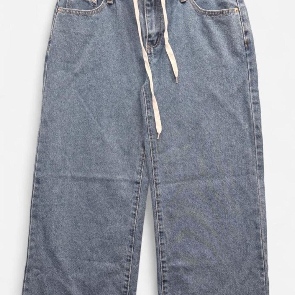 Edikted Womens S Double Waistband Wide Leg Jeans Medium Wash Boxer Layered Y2K